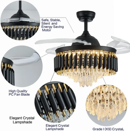 Vista 5 de Ventilador de techo regulable de cristal de 36 pulgadas con luces y control remoto, moderno ventilador de techo retráctil con luces para dormitorio