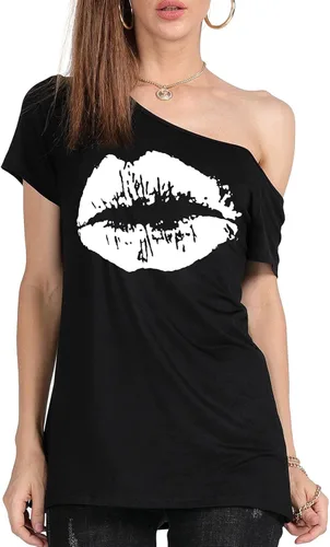 Vista 2 de MAGICMK - Camiseta casual para mujer, con estampado de labios y hombro descubierto, talla extragrande