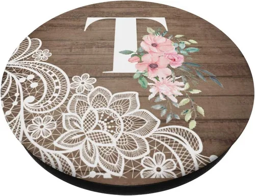 Vista 2 de Lace Wood Pink Flowers Monogram Name Initial Letter T - PopSockets Grip and Stand for Phones and Tablets