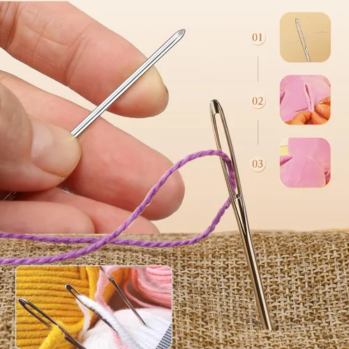 Vista 6 de 9 piezas/3 tamaños de agujas romas de ojos grandes, cinta métrica flexible doble, aguja de hilo de acero con enhebrador, aguja de tapiz para coser