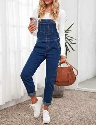 Vista 3 de LookbookStore - Overol de mezclilla elástico e informal para mujer, pantalones y pechera con bolsillos