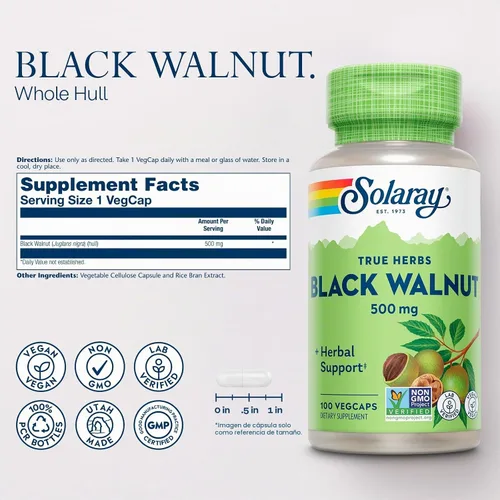 Vista 2 de SOLARAY Black Walnut 500 mg - Casco entero - Fórmula tradicional de apoyo a base de hierbas - Verificado sin OMG, vegano, verificado por