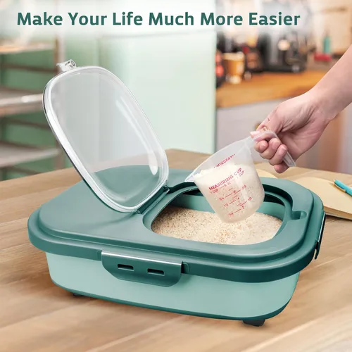 Vista 7 de Komzon Contenedores de almacenamiento de arroz, dispensador plegable de 20 a 30 libras de almacenamiento de alimentos con rueda rodante y tapa