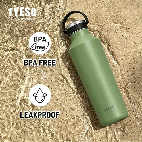 Vista 8 de TYESO Botella de agua de acero inoxidable aislada al vacío, botella de agua aislada con asa de transporte de silicona suave (verde, 25 onzas)