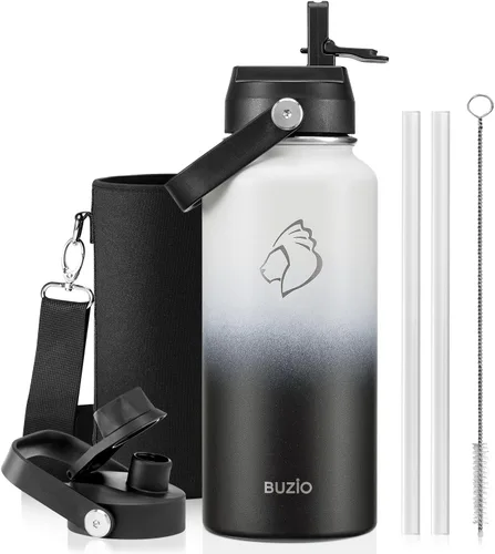 Vista 117 de BUZIO Botella de agua aislada de 24 oz, frasco de agua de boca ancha de acero inoxidable con tapa de pajita, frío durante 48 horas a prueba de Negro