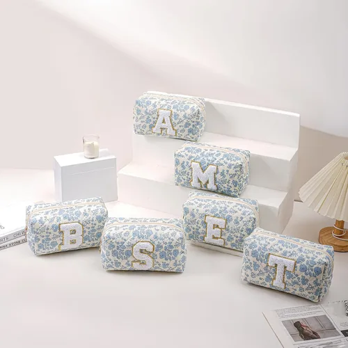 Vista 7 de Bolsa de maquillaje alfabética JOVAKIT, bolsa de cosméticos para mujeres, regalos de Navidad para niñas de 6 a 18 años, neceser de viaje con flores