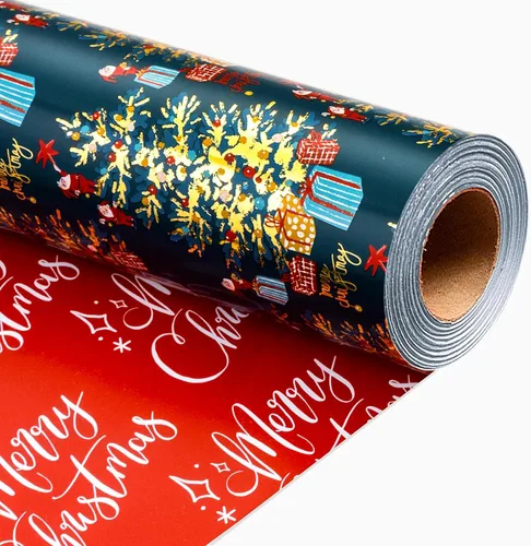 Vista 20 de Homeral Rollo de papel de regalo de Navidad, Papá Noel, muñeco de nieve y lazo y bastones de caramelo rosados, envoltura de regalo reversible
