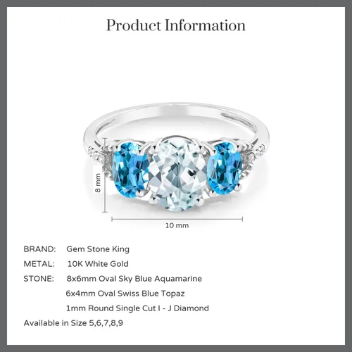Vista 4 de Gem Stone King Anillo de compromiso ovalado de oro blanco de 10 quilates, azul cielo, aguamarina, topacio azul suizo y acento de diamantes de 3
