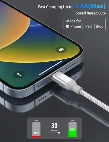 Vista 3 de Cable de carga para iPhone de 2 pies, paquete de 2 [certificado MFi], cable Lightning corto trenzado para iPhone, cargador de 2 pies, cable de carga