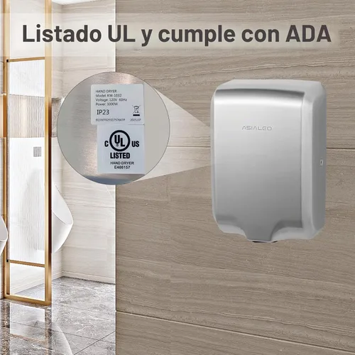 Vista 4 de Secador de manos para baño comercial, certificado UL y compatible con ADA, ventilador de mano eléctrico automático, interruptor de aire Acero