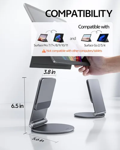 Vista 3 de LULULOOK Soporte para Surface Pro/Go - Base giratoria de aleación de aluminio de 360°, soporte plegable para tableta/elevador para Microsoft Surface