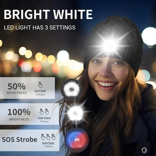 Vista 2 de Beanie with Light, Unisex LED Rechargeable Headlamp Beanie, Warm Knitted Cap Black, Idea for Winter Gifts Negro