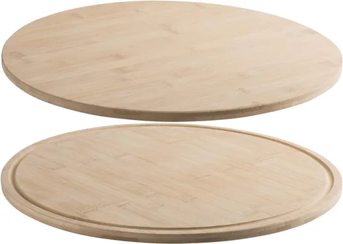 Vista 4 de Hammont Tabla de cortar redonda, hecha de madera de bambú con ranuras para jugos, ideal para embutidos, tabla de cortar carne, 12 pulgadas
