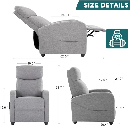 Vista 2 de Smug Winback - Asiento de cine en casa de tela con soporte lumbar, sillón individual, sillón reclinable, fácil descanso, color gris