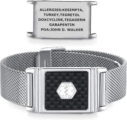 Vista 9 de Alpha - Pulsera unisex de acero inoxidable para identificación de alerta médica, ajustable, talla única