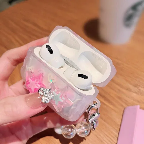 Vista 5 de MINSCOSE Funda transparente compatible con Airpods Pro 2, bonito diseño de estrellas 3D con llavero de corazón de amor, funda protectora de TPU