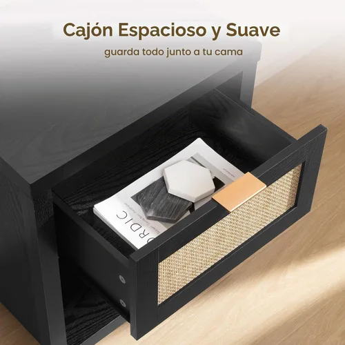 Vista 4 de SICOTAS Juego de 2 mesitas de noche de ratán negro con cajón de 19.7 Roble negro