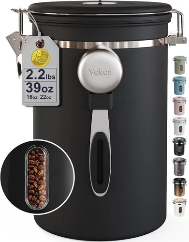 Vista 24 de Veken Recipiente de café con ventana, recipiente hermético de almacenamiento de alimentos de cocina de acero inoxidable con tapas, rastreador
