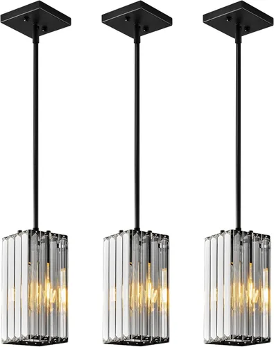 Vista 8 de Lámpara colgante moderna cromada rectangular de iluminación colgante mini candelabros de cristal, lámpara colgante ajustable para cocina, isla