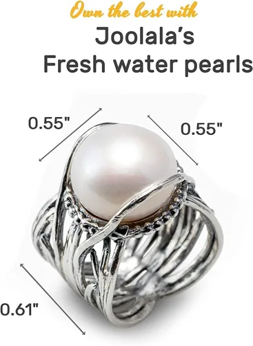 Vista 2 de Joolala Anillo individual de perlas blancas redondas cultivadas en agua dulce en plata de ley 925 para mujer, Plata Esterlina