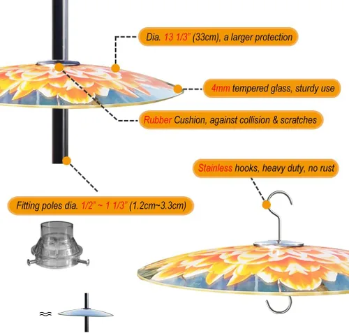 Vista 2 de Protector de lluvia de vidrio de 13 pulgadas para comedero de pájaros al aire libre – deflector en poste de pastor/poste o gancho en S colgante