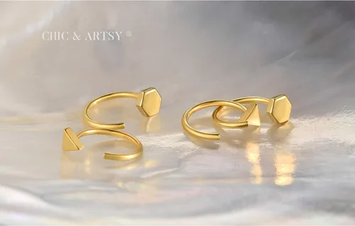 Vista 4 de Aretes de medio aro, aretes de aro pequeños de plata de ley 925 de bola, barra, estrella, luna, corazón, cruz, punto, triángulo, aretes