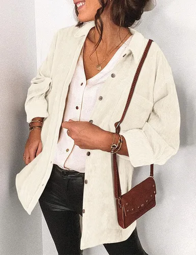 Vista 2 de Saslax Camisa de pana para mujer, de manga larga, con botones, cuello en V, holgada, chaqueta