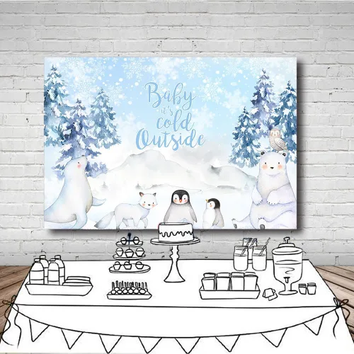 Vista 4 de MEHOFOND Telón de fondo de invierno de 7 x 5 pies para baby shower, fondo exterior con acuarela azul, animales árticos, pingüino, baby shower