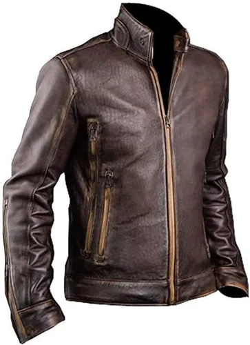 Vista 3 de Spazeup Cafe Racer Chaqueta Vintage Motocicleta Retro Moto Chaqueta de cuero envejecido Chaqueta de motocicleta desgastada para hombre