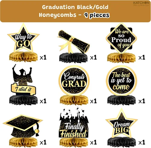 Vista 4 de KatchOn, Centros de mesa de graduación negros y dorados para mesas 2026 – Paquete de 9 Centros de mesa de graduación dorados 2026