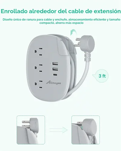 Vista 4 de Alitayee Regleta de alimentación de viaje portátil USB C con 3 tomas, 3 puertos USB, carga rápida, extensor de salida USB extensible con enchufe