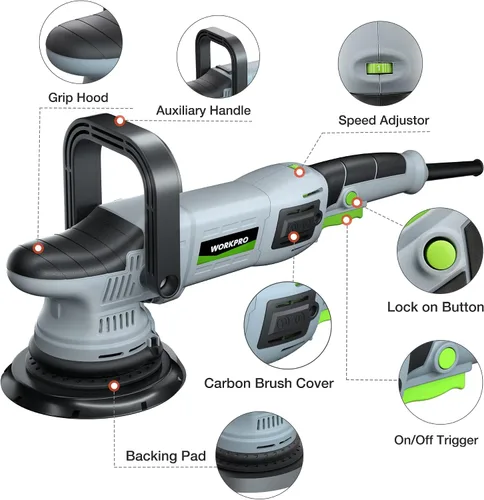 Vista 2 de WORKPRO Pulidora Buffer, Kit de Pulido Orbital Aleatorio de Doble Acción de 6 pulgadas 1080W para Detallado de Automóviles, Pulidora DA de 6
