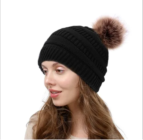 Vista 4 de Ottsas Gorro de invierno para mujer, con pompón, cálido, de doble capa, de punto suave, grueso