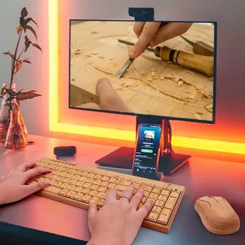 Vista 2 de Smart Tech Combo de teclado y mouse inalámbricos de bambú natural de 2,4 GHz para PC