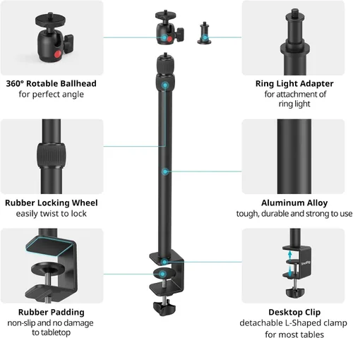 Vista 7 de SMALLRIG Soporte C de montaje de escritorio para cámara, soporte de luz de trípode de escritorio ajustable de 15 a 35 pulgadas, abrazadera C de mesa