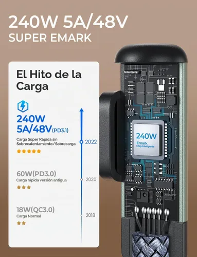 Vista 5 de AINOPE Cable USB C Largo de 100W Multi 4 en 1 Cable de Carga Cargador Tipo C de Carga Rápida USB a USB C, Ángulo Recto Compatible con iPhone 16 15