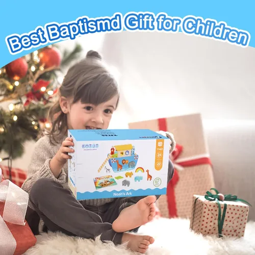 Vista 10 de KMTJT Juego de animales de juguete de madera del arca de Noé para niños pequeños, regalos de bautismo para niños de 1, 2, 3, clasificador de formas