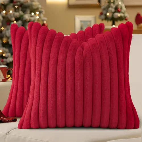 Vista 29 de decorUhome Fundas de almohada de piel sintética, juego de 2, decorativas, afelpadas, suaves, afelpadas, a rayas, parte posterior de terciopelo
