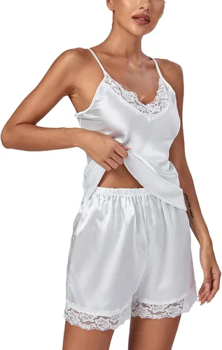 Vista 3 de LYANER Conjunto de pijama de satén de seda con cuello en V y ribete de encaje para mujer 3 piezas con bata