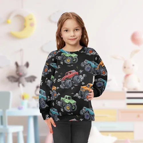 Vista 53 de Plaaee Sudadera de forro polar de manga larga con cuello redondo para niños o niñas, estampado de camiones monstruos, 4T
