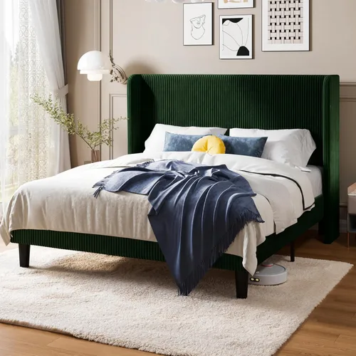 Vista 15 de Allewie Marco de cama tamaño completo con cabecera tapizada tipo wingback, cama plataforma de terciopelo de pana con capitoné de canales verticales