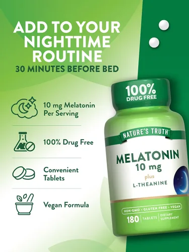 Vista 5 de Nature's Truth Tabletas de melatonina 10 mg 180 unidades con L-teanina Suplemento 100% libre de medicamentos para adultos Vegano, sin OMG