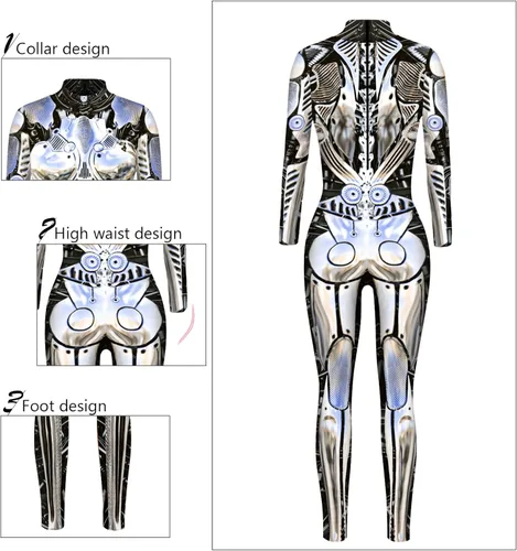 Vista 5 de SEAUR - Disfraces de Halloween para mujer con estampado 3D, overol de esqueleto de manga larga, divertido overol ajustado