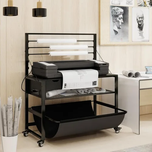 Vista 2 de Soporte para impresora de formato ancho Natwind, mesa de trabajo para plotter con almacenamiento extraíble para planos, soporte para papel en rollo