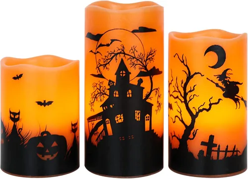 Vista 9 de Wondise Velas de Halloween sin llama con temporizador de 6 horas, velas LED negras de cera real que gotean a pilas, mecha 3D, parpadeante
