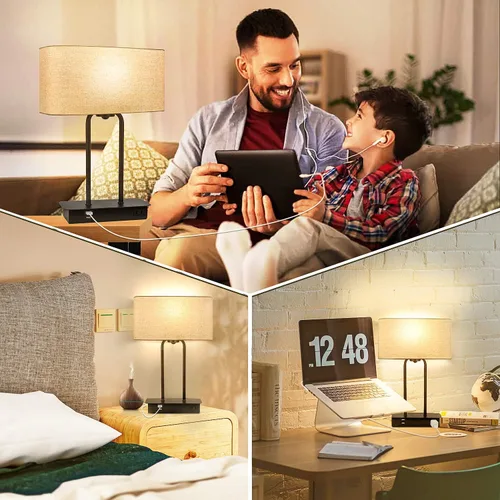 Vista 7 de Lámpara de mesa con control táctil regulable en 3 vías con 2 puertos USB y toma de corriente AC, lámpara moderna de mesita de noche con pantalla