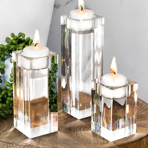 Vista 8 de Juego de 3 candelabros orgánicos transparentes – Centros de mesa de velas modernos para mesa de comedor, sala de estar y decoración de chimenea