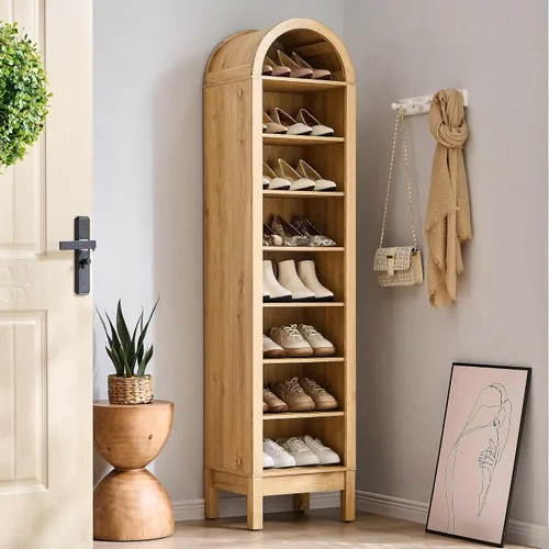 Vista 18 de IFGET Armario de almacenamiento de zapatos arqueado de 67 pulgadas de alto, 8 niveles y 8 pares de zapateros de madera con 3 estantes ajustables
