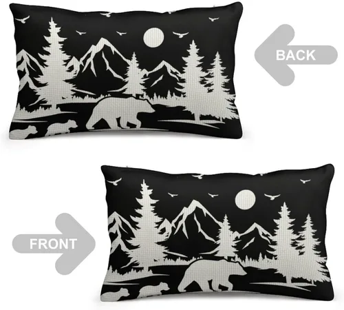 Vista 5 de ITFRO - Juego de 2 bonitas fundas de cojín con diseño de osos de regalo, árbol de pino, bosque, montañas, de lino de algodón, para almohadones Juego