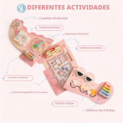Vista 7 de ROBOTIME Tablero Ocupado de Cocodrilo Paneles de Pared para Niños Pequeños, Tablero de Actividades Sensoriales Montessori Rosa, Centro